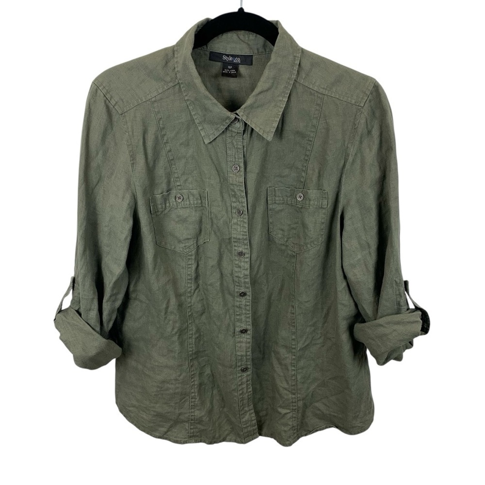 Vintage Style & Co. sz 16P Army Olive Green Linen Blouse Roll Tab Sleeve Shirt